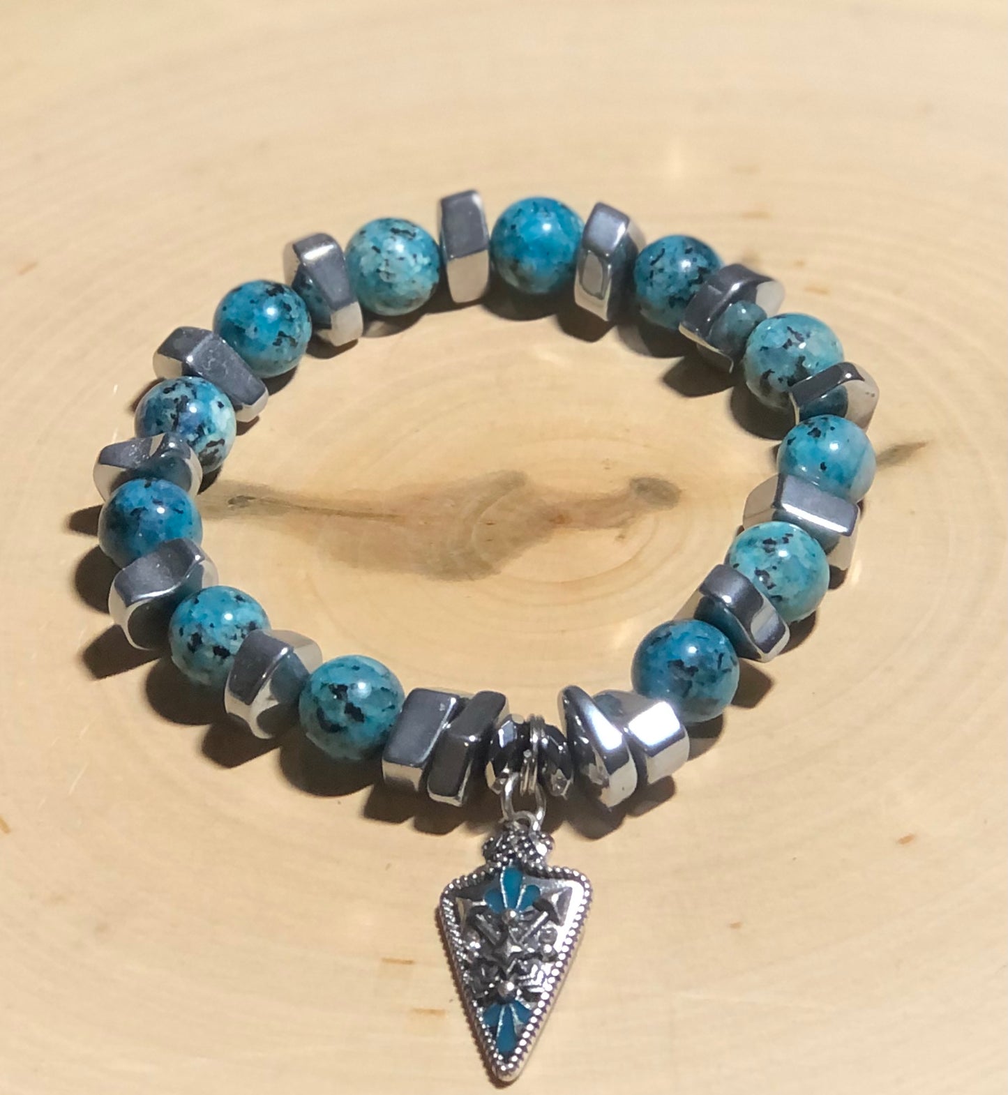 Teal Sesame Jasper & Hematite Bracelet -Triangle Spear